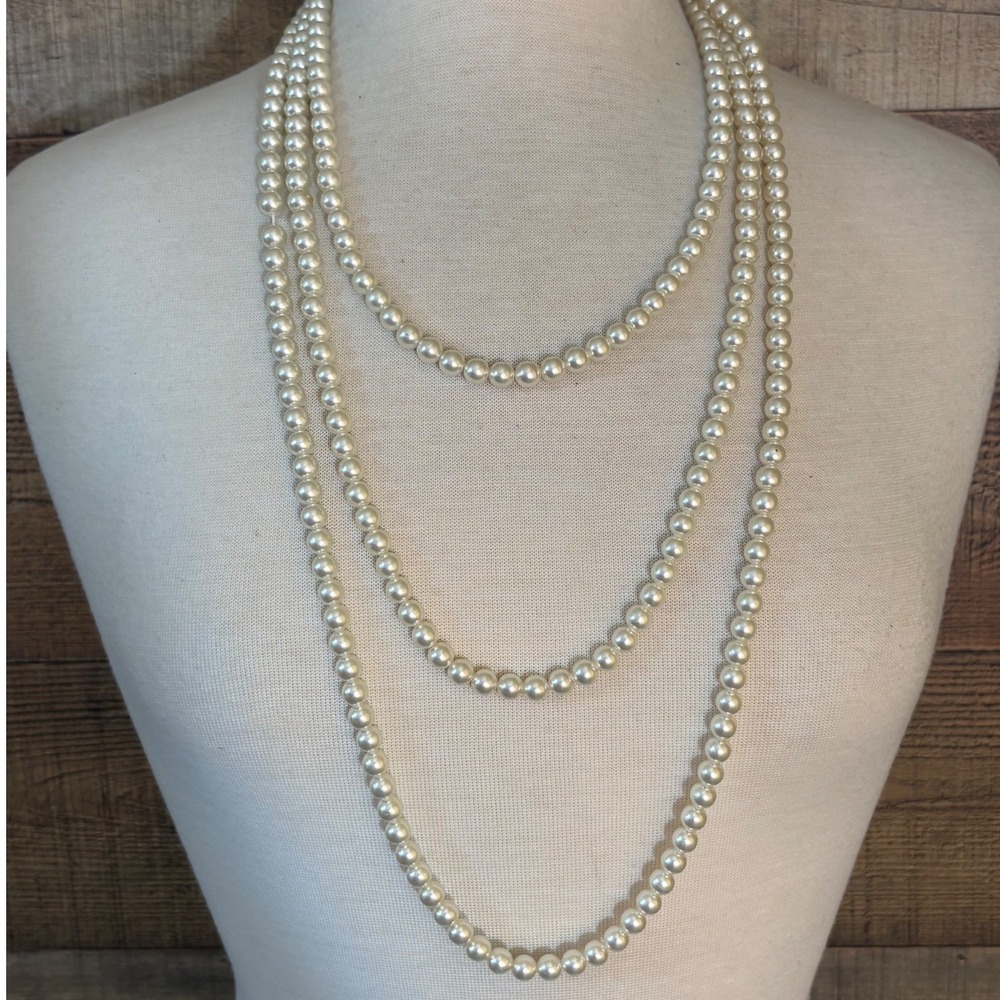 Vintage Style Long Faux Pearl Multi Strand Necklace Cream White 45 Inch